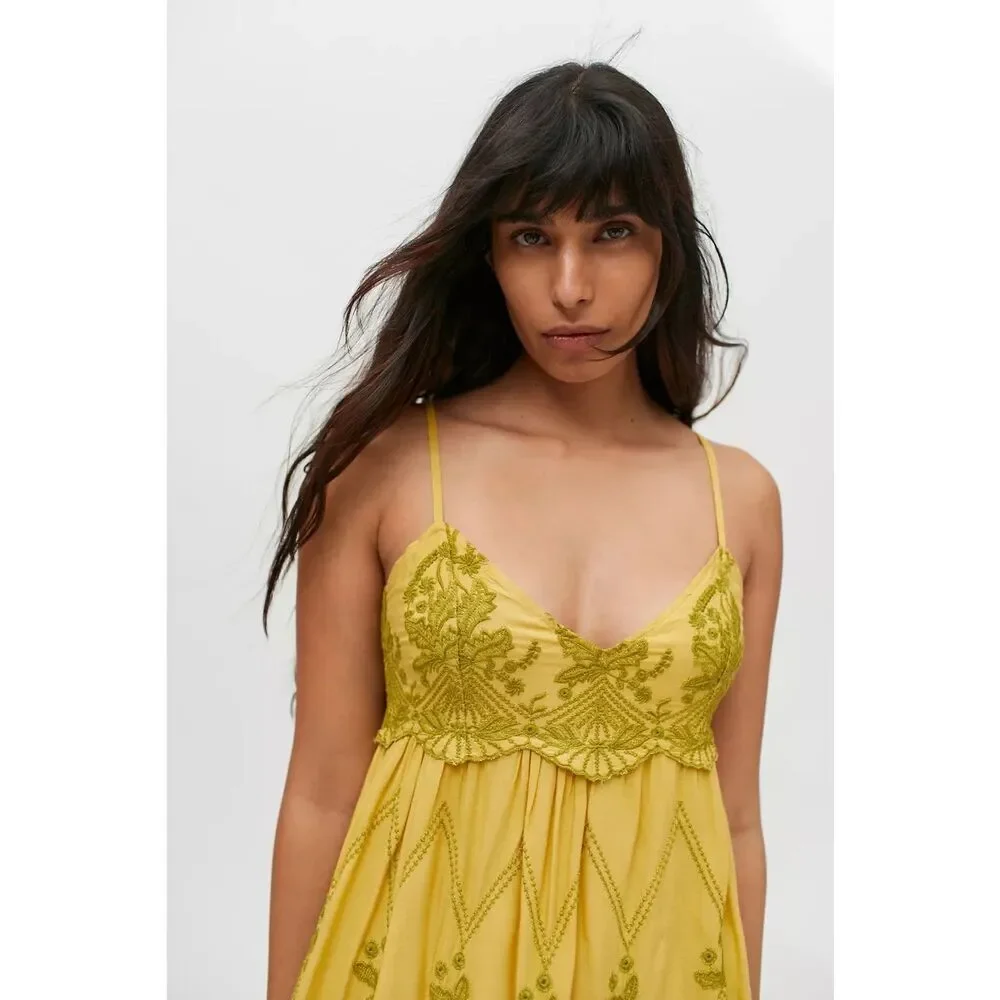 Urban Outfitters Jamie Embroidered Babydoll Mini Dress Large Yellow Festival